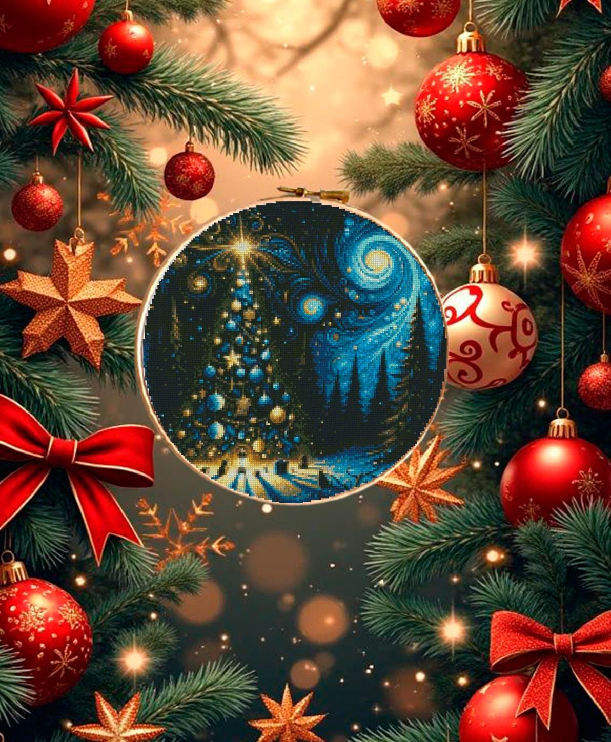 Christmas Ornament Cross Stitch Pattern Set PDF, Winter Holiday Scenes Embroidery Chart, Snowman Cabin Aurora Christmas Tree Needlework - NuttyHappyHobby