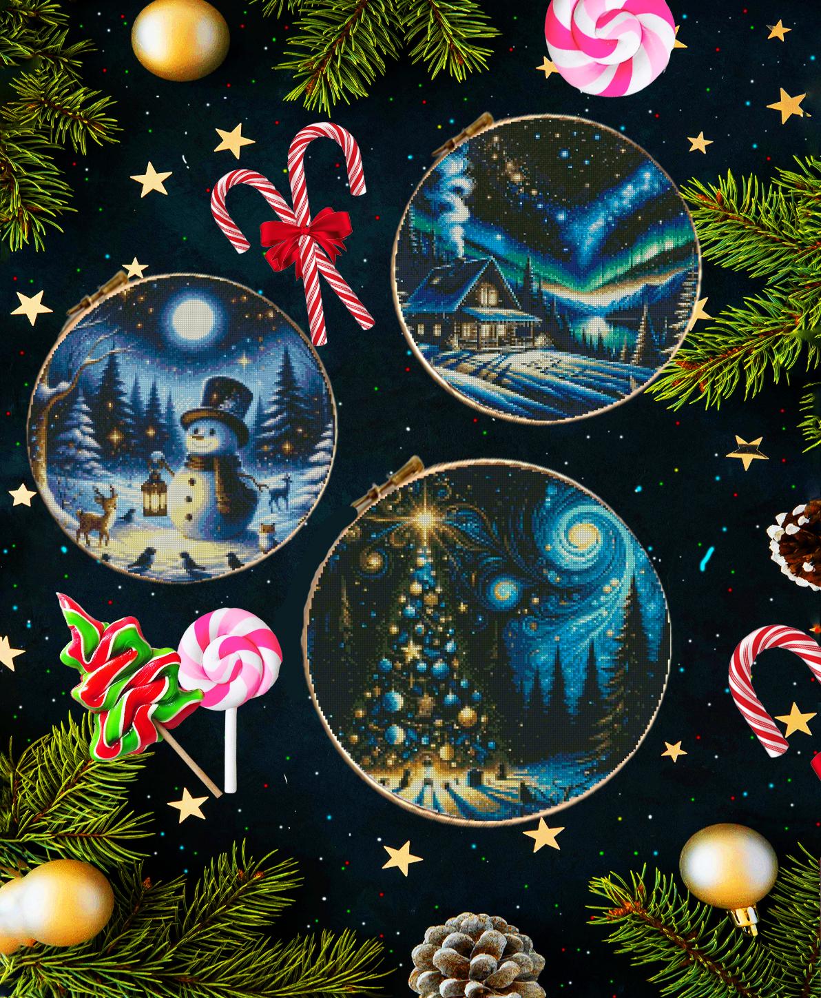 Christmas Ornament Cross Stitch Pattern Set PDF, Winter Holiday Scenes Embroidery Chart, Snowman Cabin Aurora Christmas Tree Needlework - NuttyHappyHobby
