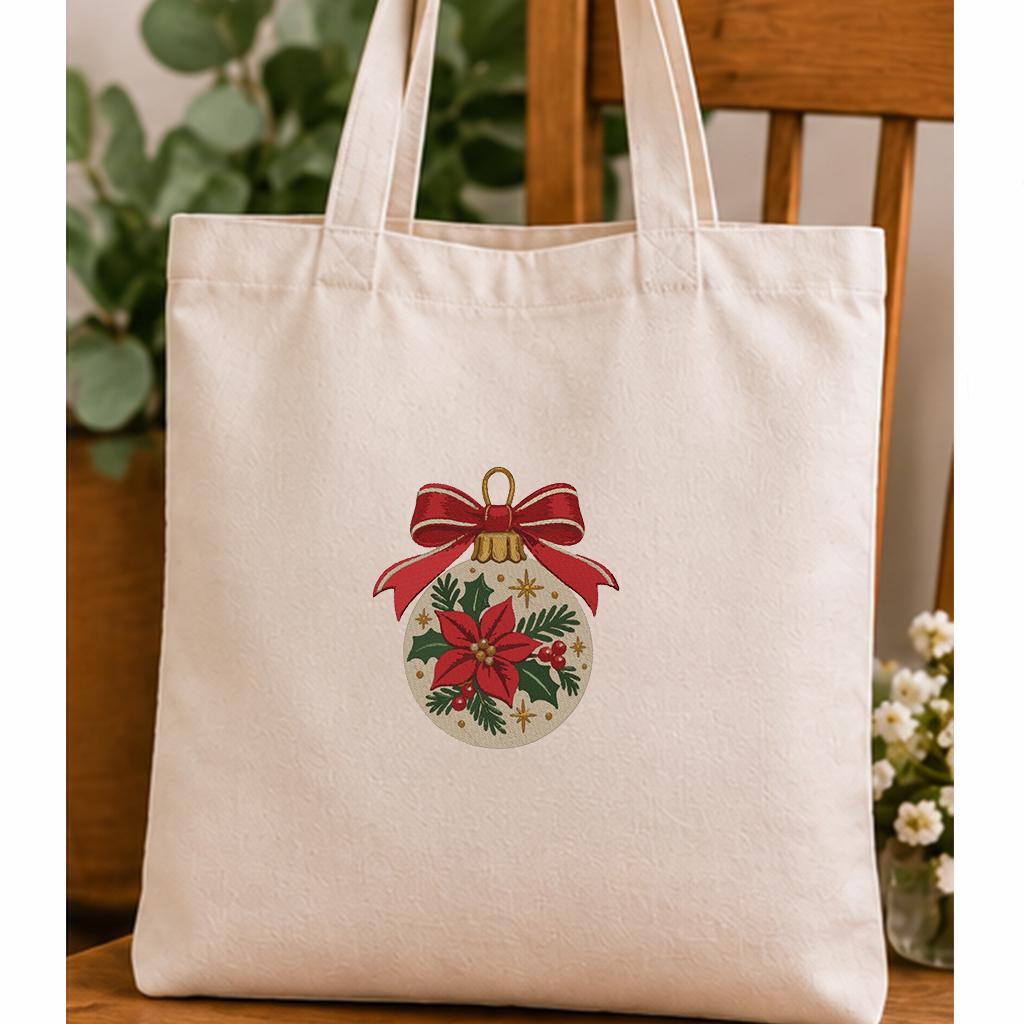 Christmas Ornament Machine Embroidery Design, Poinsettia Bauble Red Bow, Holiday PES DST JEF Embroidery File, Instant Download - NuttyHappyHobby