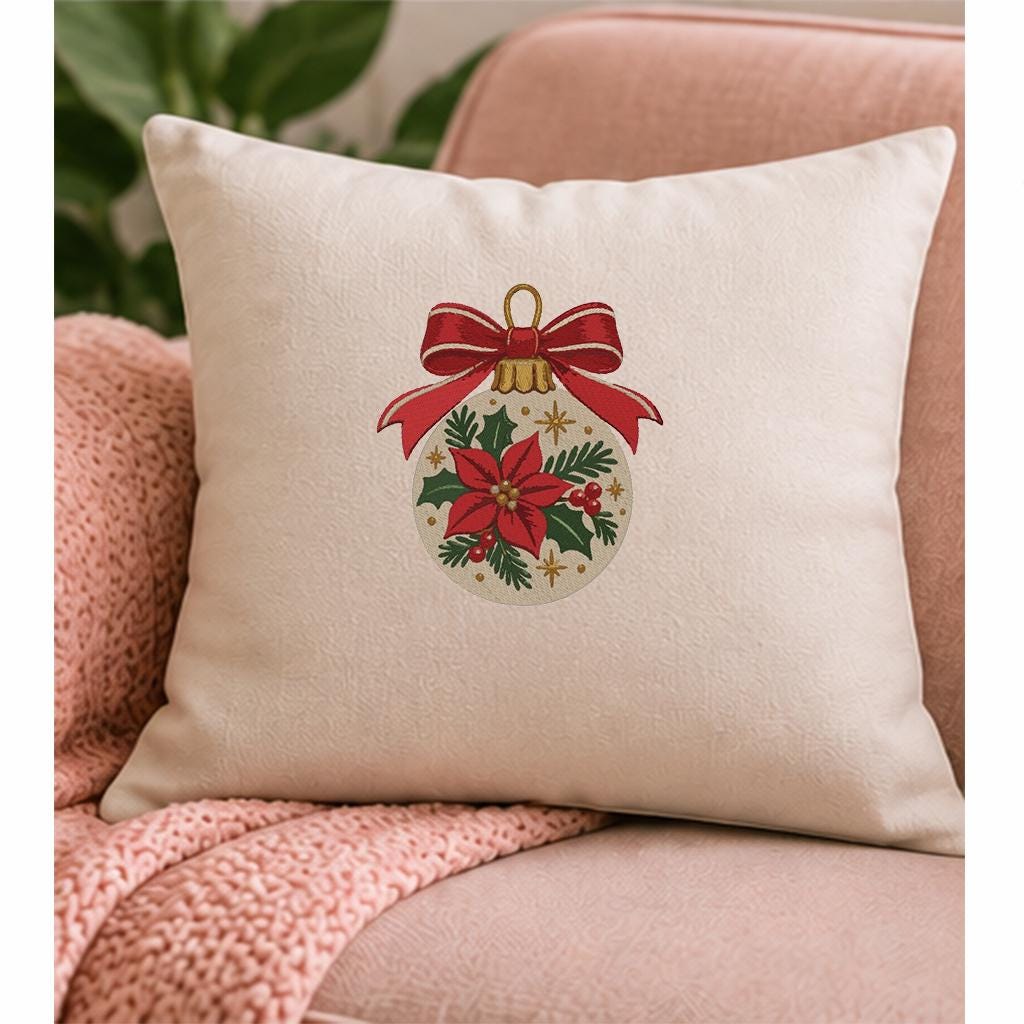Christmas Ornament Machine Embroidery Design, Poinsettia Bauble Red Bow, Holiday PES DST JEF Embroidery File, Instant Download - NuttyHappyHobby