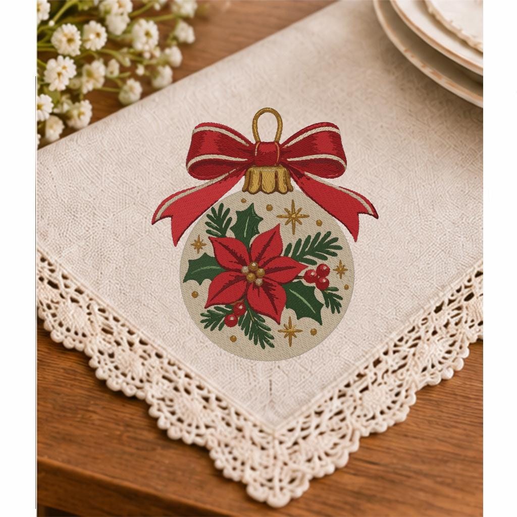 Christmas Ornament Machine Embroidery Design, Poinsettia Bauble Red Bow, Holiday PES DST JEF Embroidery File, Instant Download - NuttyHappyHobby