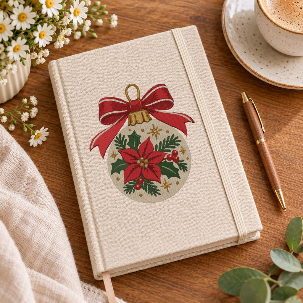 Christmas Ornament Machine Embroidery Design, Poinsettia Bauble Red Bow, Holiday PES DST JEF Embroidery File, Instant Download - NuttyHappyHobby