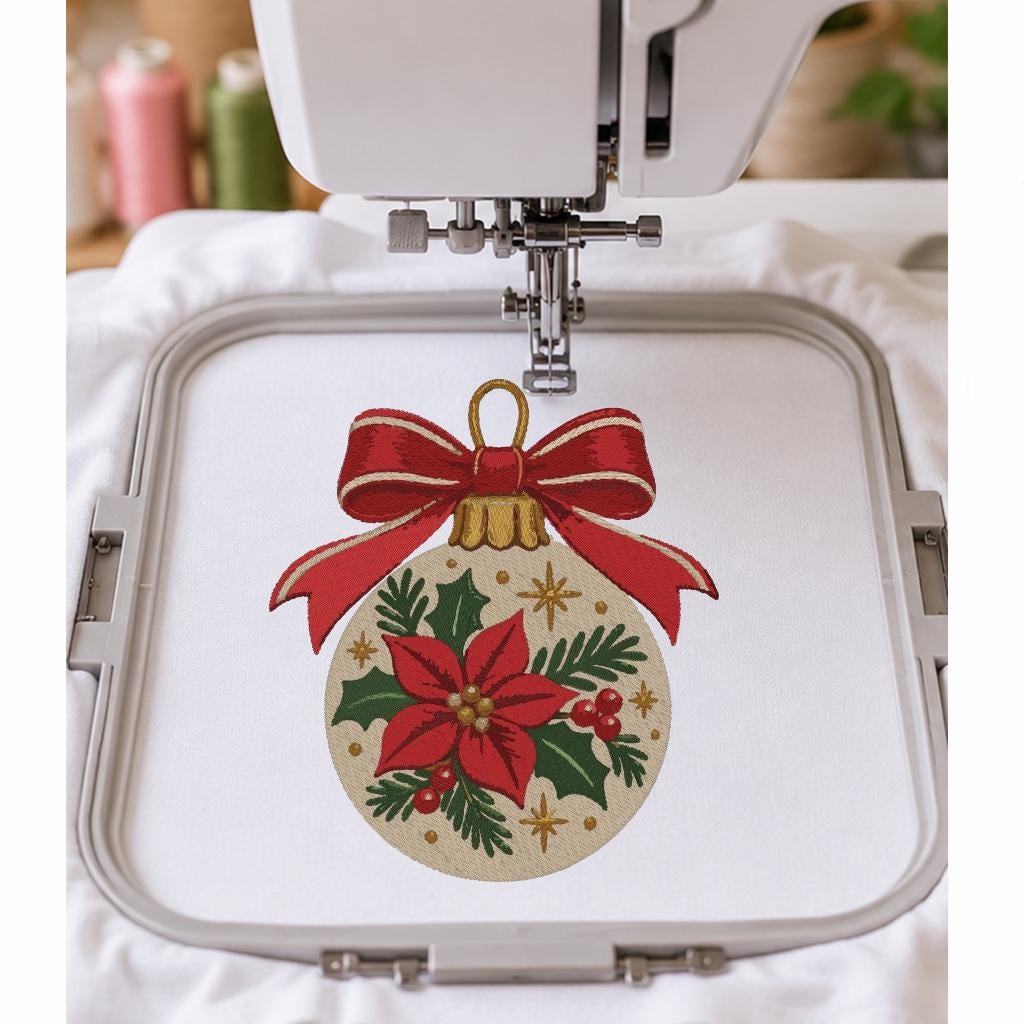 Christmas Ornament Machine Embroidery Design, Poinsettia Bauble Red Bow, Holiday PES DST JEF Embroidery File, Instant Download - NuttyHappyHobby
