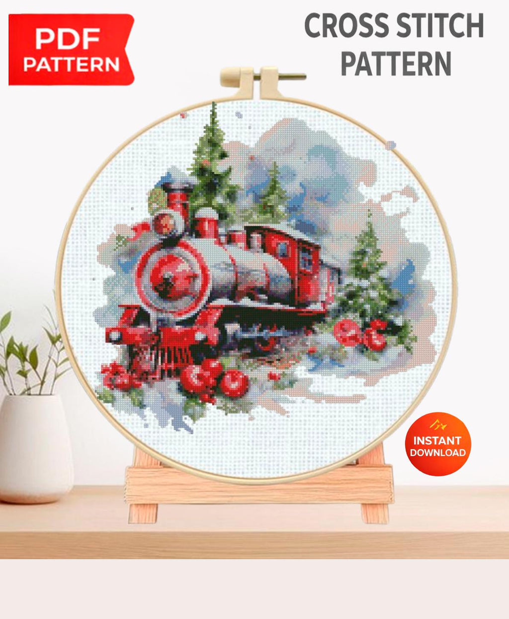 Christmas Train Cross Stitch Pattern PDF, Holiday Locomotive Embroidery Design, Festive Winter Train Needlework Chart, Christmas Decor - NuttyHappyHobby