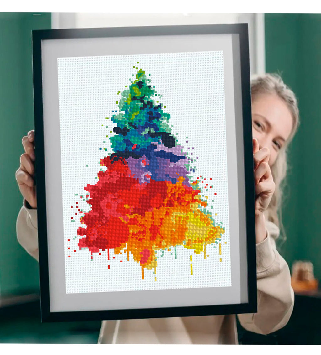 Christmas Tree Cross Stitch Pattern PDF, Colorful Modern Xmas Embroidery Design, Watercolor Christmas Tree Chart, Holiday Needlework pattern - NuttyHappyHobby