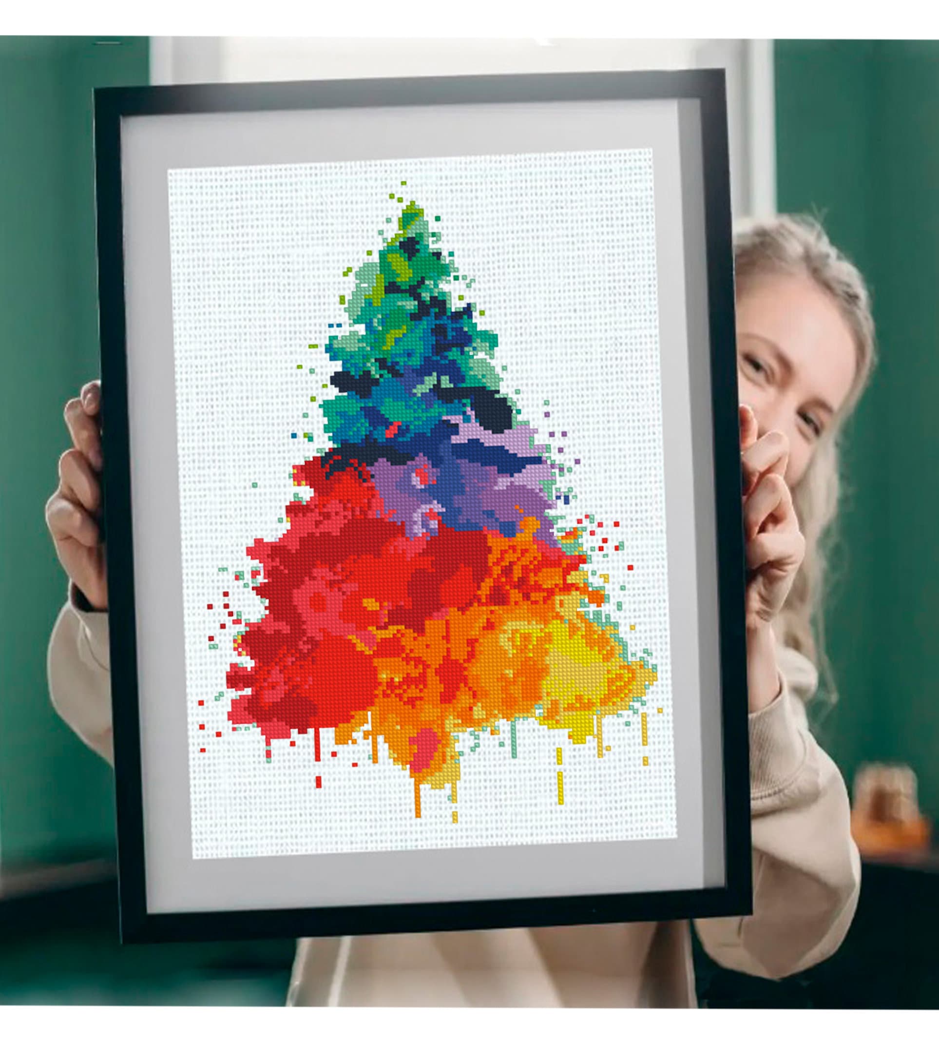 Christmas Tree Cross Stitch Pattern PDF, Colorful Modern Xmas Embroidery Design, Watercolor Christmas Tree Chart, Holiday Needlework pattern - NuttyHappyHobby