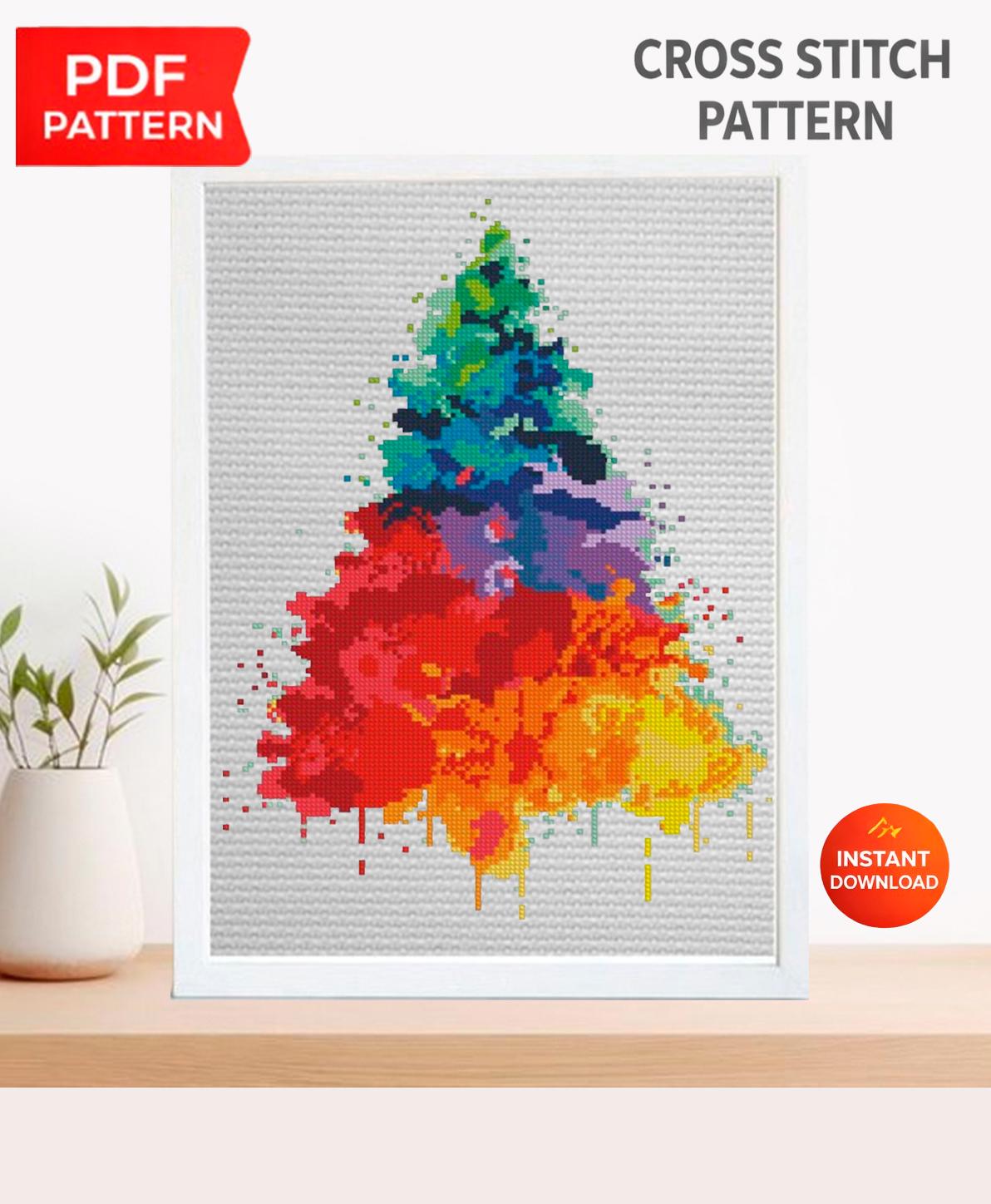 Christmas Tree Cross Stitch Pattern PDF, Colorful Modern Xmas Embroidery Design, Watercolor Christmas Tree Chart, Holiday Needlework pattern - NuttyHappyHobby