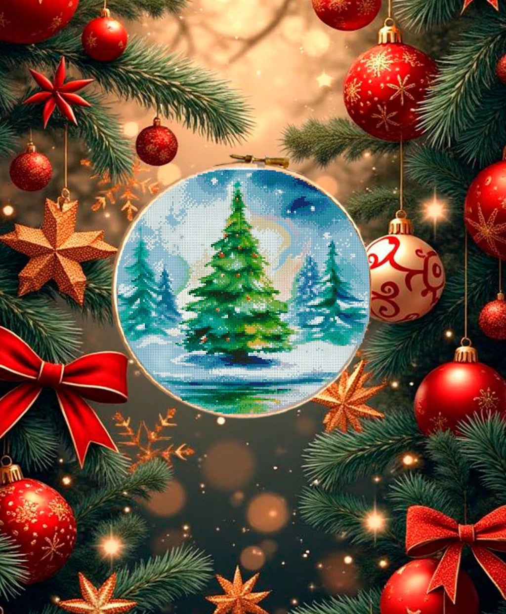 Christmas Tree Cross Stitch Pattern PDF, Winter Landscape Embroidery Design, Holiday Tree Needlework Chart, Festive Christmas Decor pattern - NuttyHappyHobby
