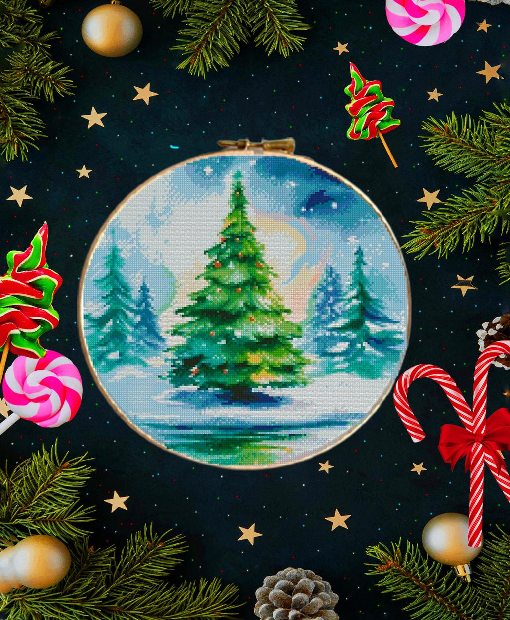 Christmas Tree Cross Stitch Pattern PDF, Winter Landscape Embroidery Design, Holiday Tree Needlework Chart, Festive Christmas Decor pattern - NuttyHappyHobby