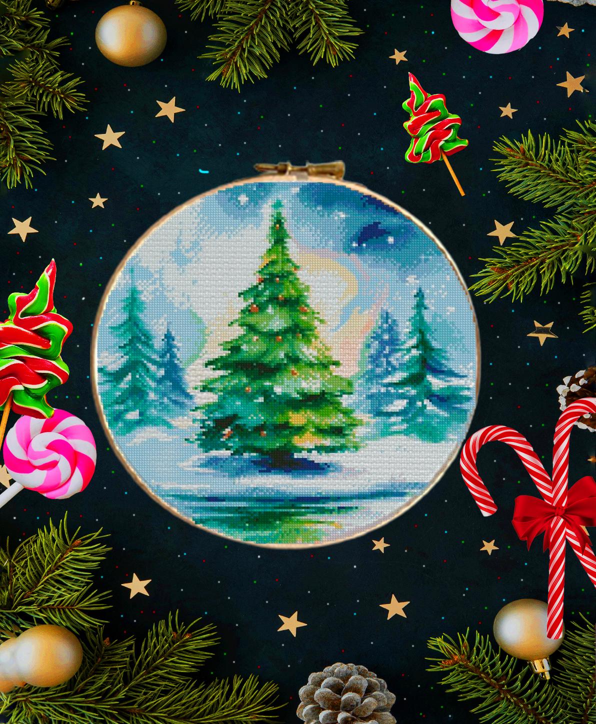 Christmas Tree Cross Stitch Pattern PDF, Winter Landscape Embroidery Design, Holiday Tree Needlework Chart, Festive Christmas Decor pattern - NuttyHappyHobby