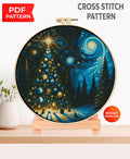 Christmas Tree Cross Stitch Pattern PDF, Winter Night Tree Embroidery Design, Festive Holiday Needlework Chart, Christmas Decor embroidery - NuttyHappyHobby