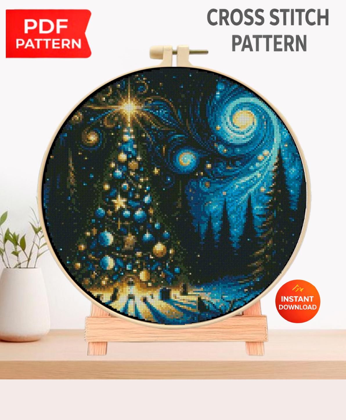 Christmas Tree Cross Stitch Pattern PDF, Winter Night Tree Embroidery Design, Festive Holiday Needlework Chart, Christmas Decor embroidery - NuttyHappyHobby