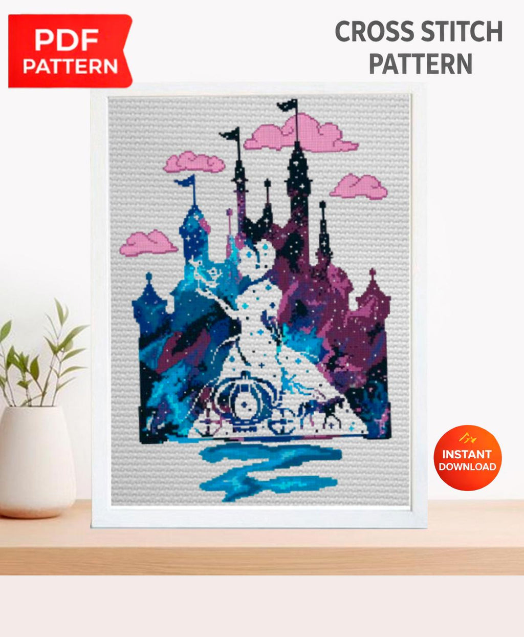 Cinderella Castle Cross Stitch Pattern PDF, Fairy Tale Castle Embroidery Design, Princess Castle Needlework Pattern, instant download - NuttyHappyHobby