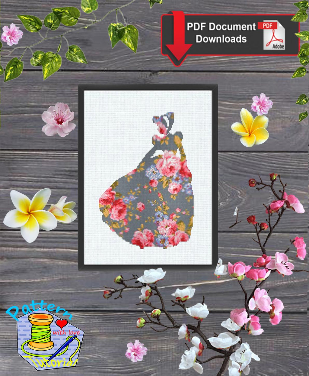 Cinderella Floral Cross Stitch Pattern PDF, Princess Silhouette Embroidery Design, Flower Fairy Tale Needlework, Elegant Princess Stitch - NuttyHappyHobby