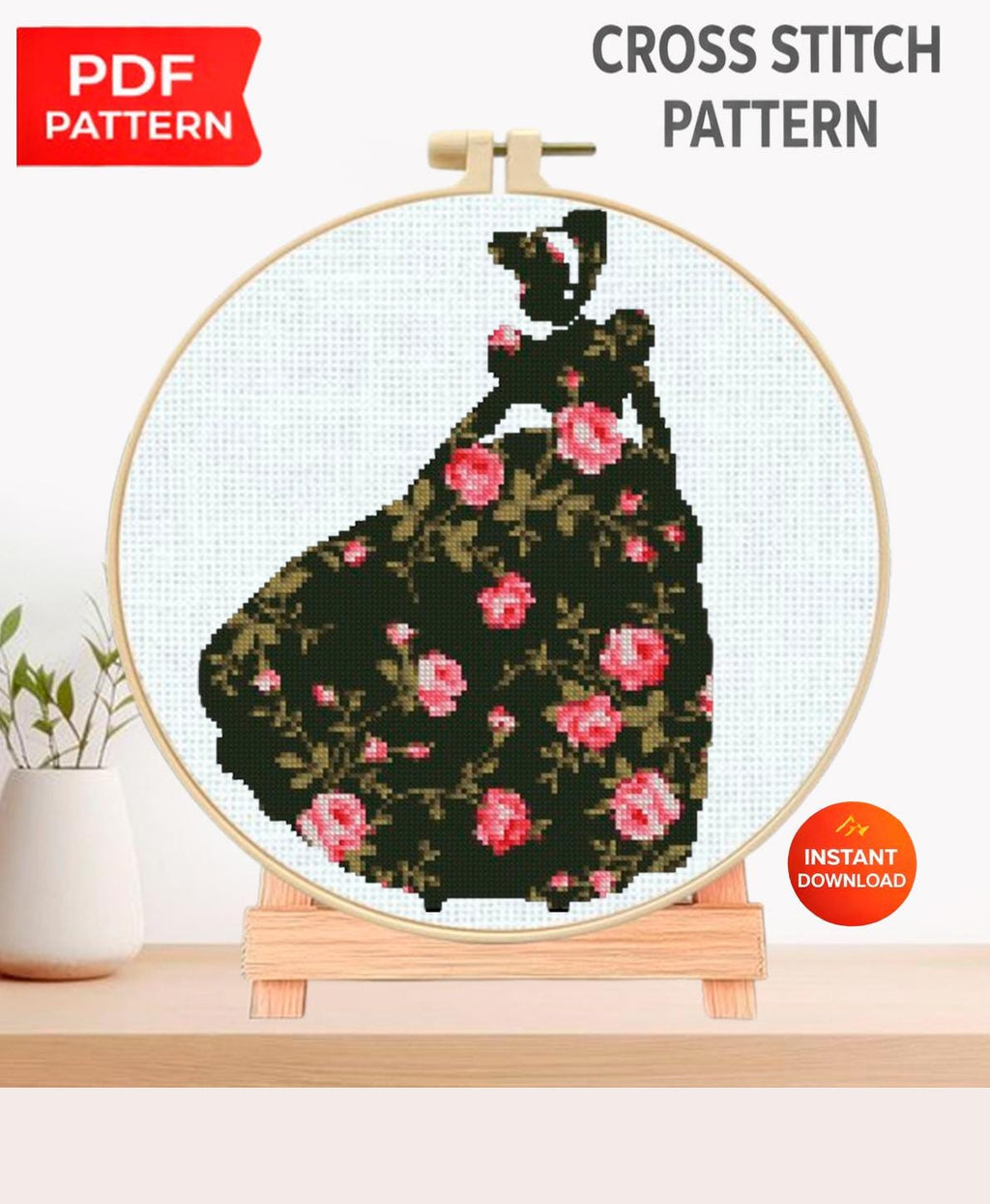 Cinderella Floral Cross Stitch Pattern PDF, Princess Silhouette Embroidery Design, Flower Fairy Tale Needlework, Elegant Princess Stitch - NuttyHappyHobby
