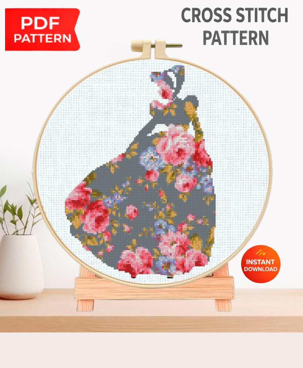 Cinderella Floral Cross Stitch Pattern PDF, Princess Silhouette Embroidery Design, Flower Fairy Tale Needlework, Elegant Princess Stitch - NuttyHappyHobby