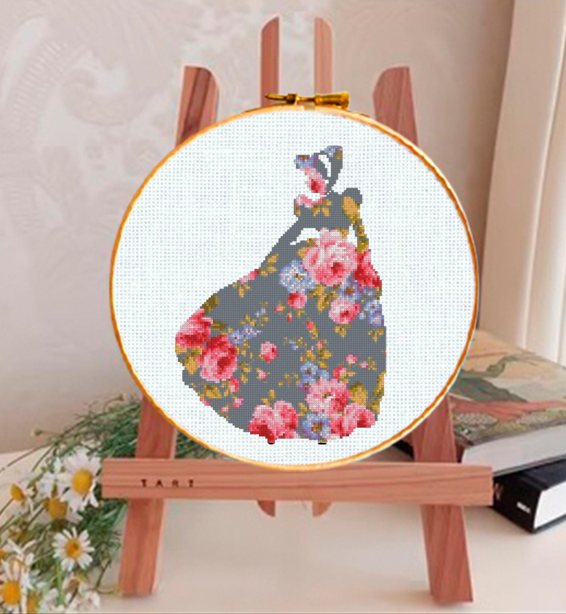 Cinderella Floral Cross Stitch Pattern PDF, Princess Silhouette Embroidery Design, Flower Fairy Tale Needlework, Elegant Princess Stitch - NuttyHappyHobby
