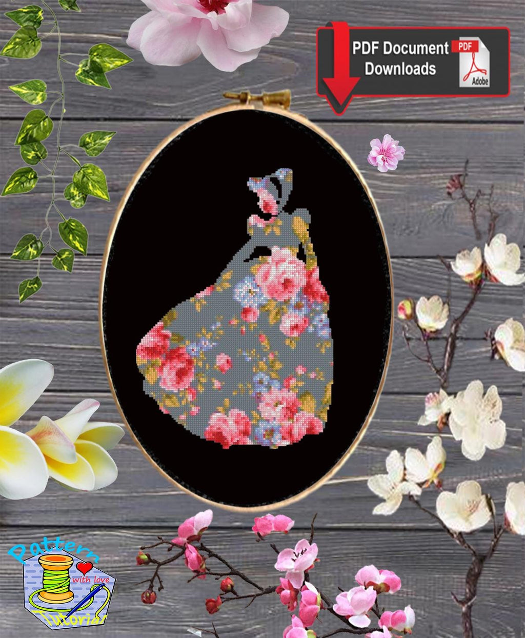 Cinderella Floral Cross Stitch Pattern PDF, Princess Silhouette Embroidery Design, Flower Fairy Tale Needlework, Elegant Princess Stitch - NuttyHappyHobby