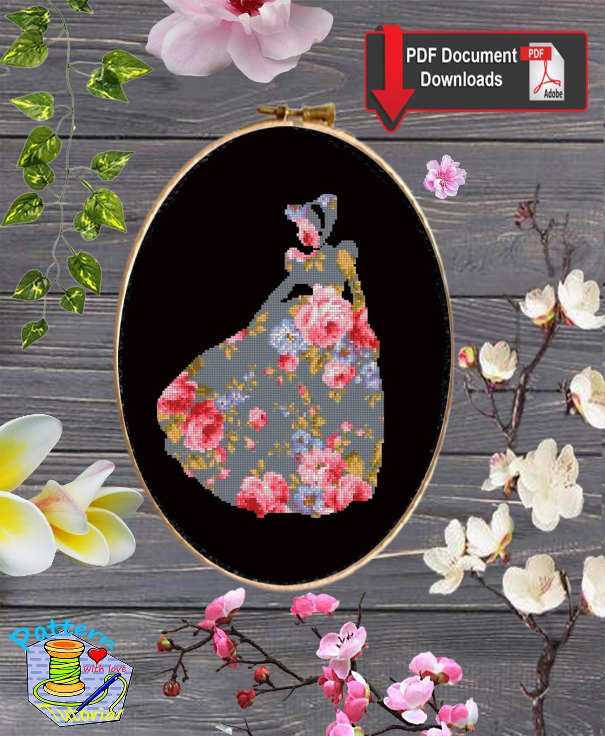 Cinderella Floral Cross Stitch Pattern PDF, Princess Silhouette Embroidery Design, Flower Fairy Tale Needlework, Elegant Princess Stitch - NuttyHappyHobby