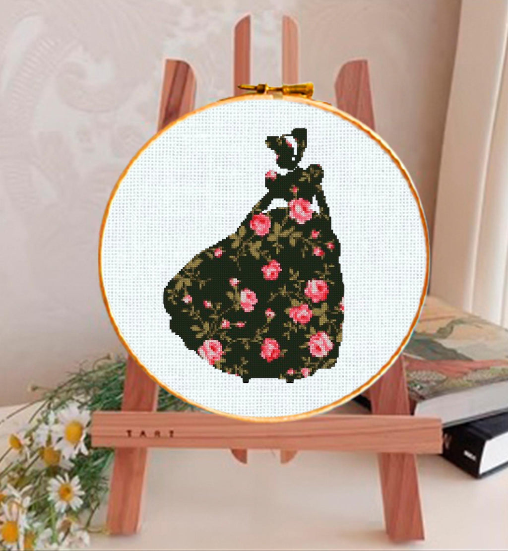 Cinderella Floral Cross Stitch Pattern PDF, Princess Silhouette Embroidery Design, Flower Fairy Tale Needlework, Elegant Princess Stitch - NuttyHappyHobby