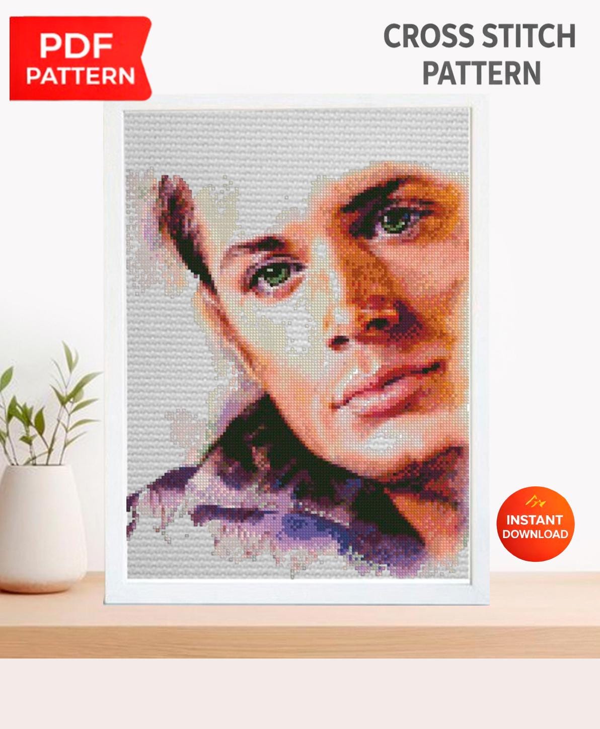 Cinematic Actress Portrait Cross Stitch Pattern PDF, Celebrity Inspired Embroidery Design, Modern Watercolor Style Wall Art, Winchester - NuttyHappyHobby
