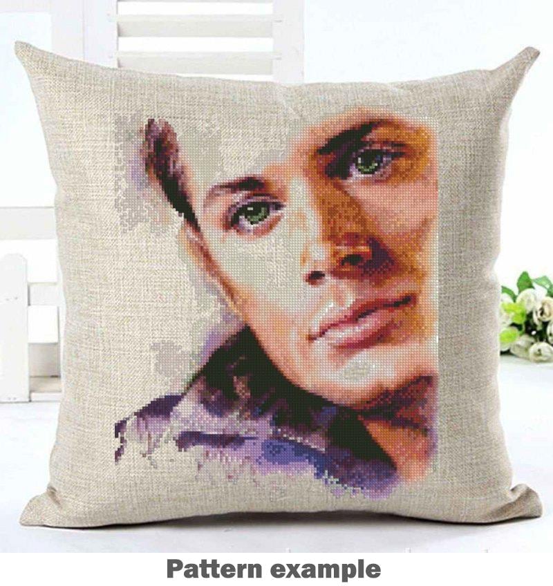 Cinematic Actress Portrait Cross Stitch Pattern PDF, Celebrity Inspired Embroidery Design, Modern Watercolor Style Wall Art, Winchester - NuttyHappyHobby