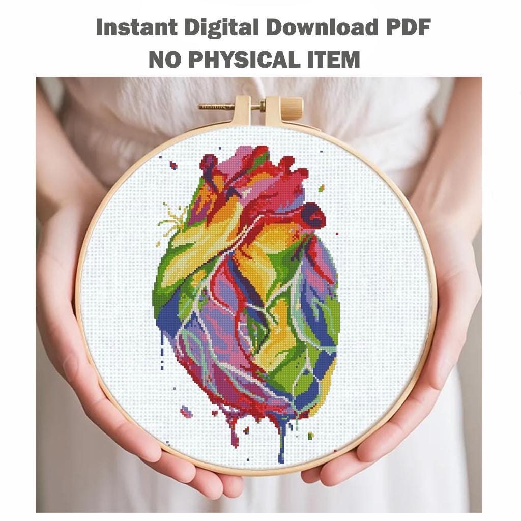 Colorful Anatomical Heart Cross Stitch Pattern PDF, Modern Rainbow Heart Embroidery Chart, Medical Art Needlepoint, Instant Download - NuttyHappyHobby