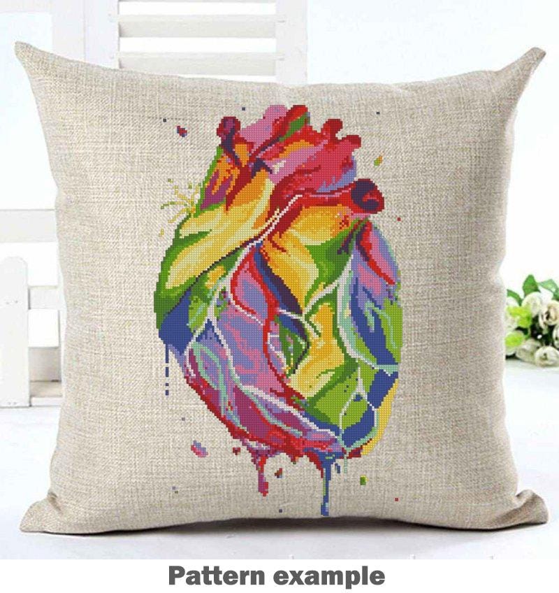 Colorful Anatomical Heart Cross Stitch Pattern PDF, Modern Rainbow Heart Embroidery Chart, Medical Art Needlepoint, Instant Download - NuttyHappyHobby