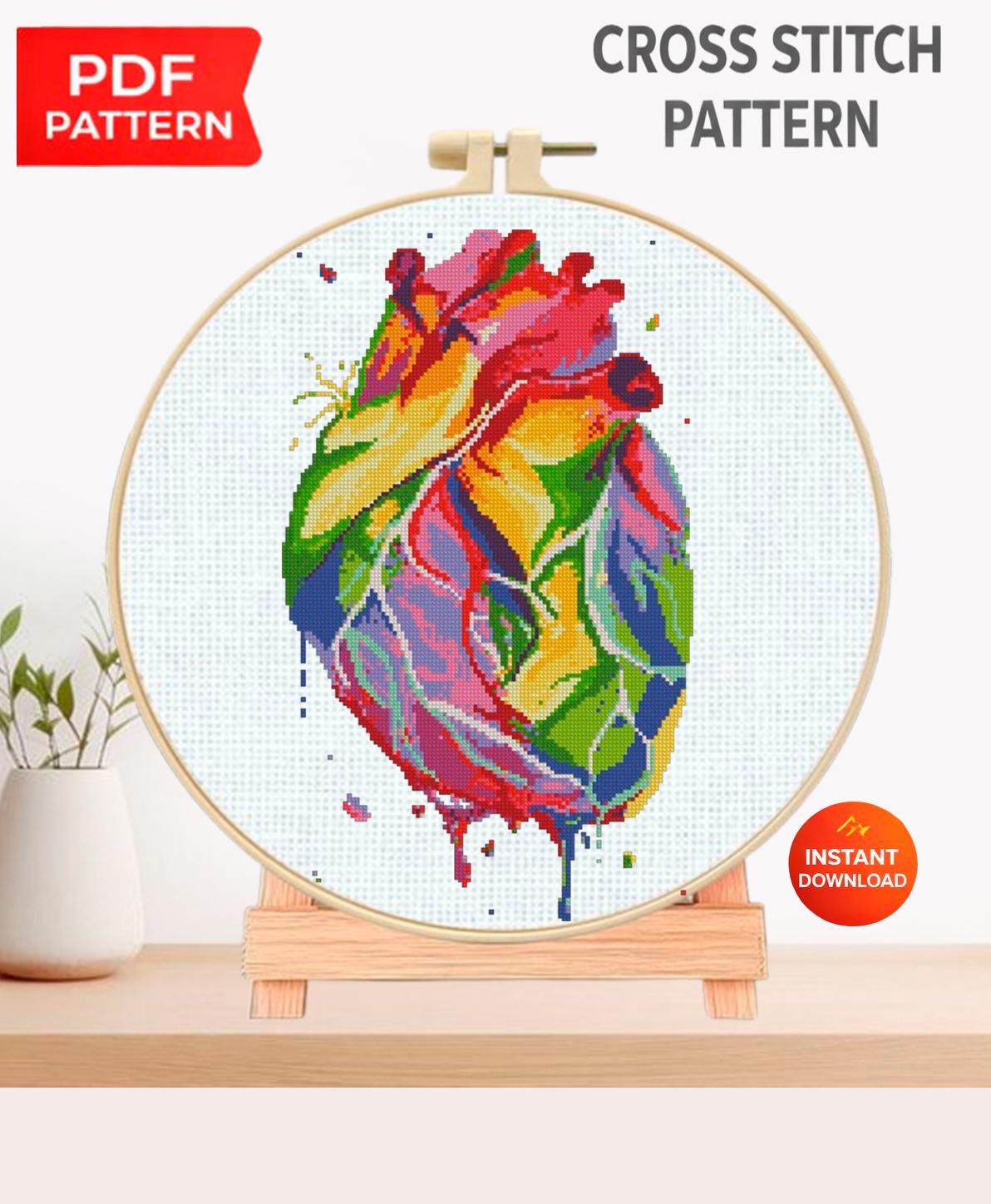 Colorful Anatomical Heart Cross Stitch Pattern PDF, Modern Rainbow Heart Embroidery Chart, Medical Art Needlepoint, Instant Download - NuttyHappyHobby