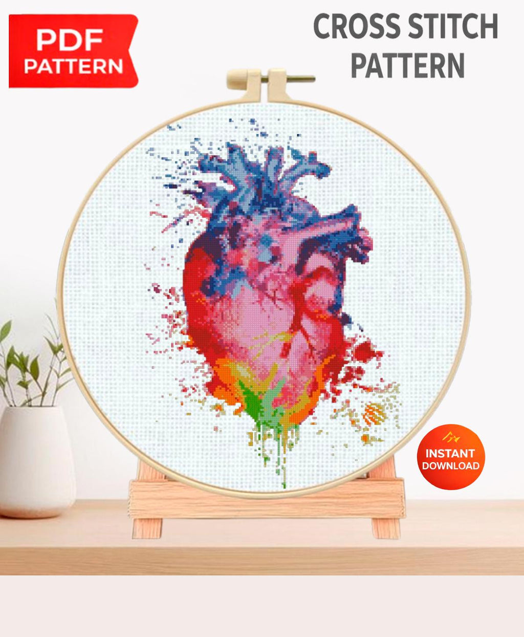 Colorful Anatomical Heart Cross Stitch Pattern PDF, Rainbow Heart Embroidery Chart, Modern Medical Art, Science Wall Decor, Instant Download - NuttyHappyHobby