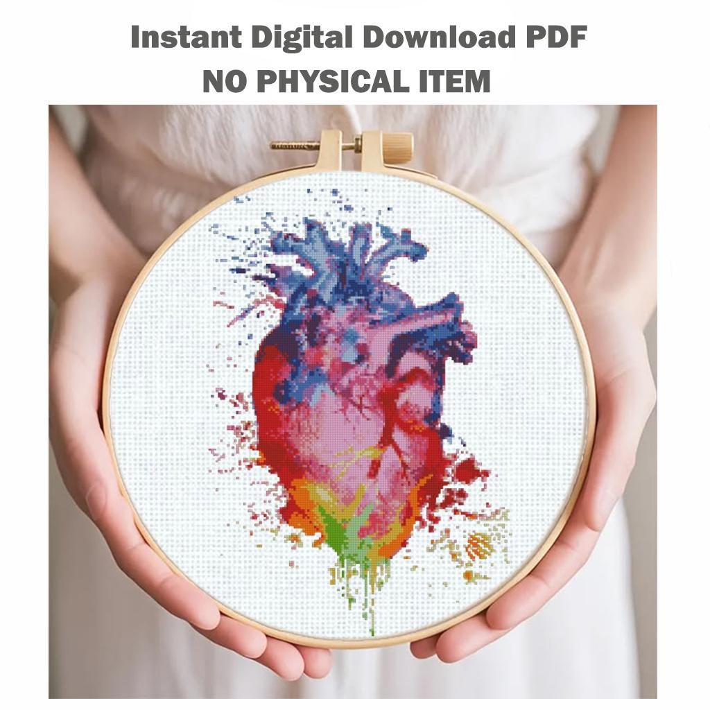 Colorful Anatomical Heart Cross Stitch Pattern PDF, Rainbow Heart Embroidery Chart, Modern Medical Art, Science Wall Decor, Instant Download - NuttyHappyHobby