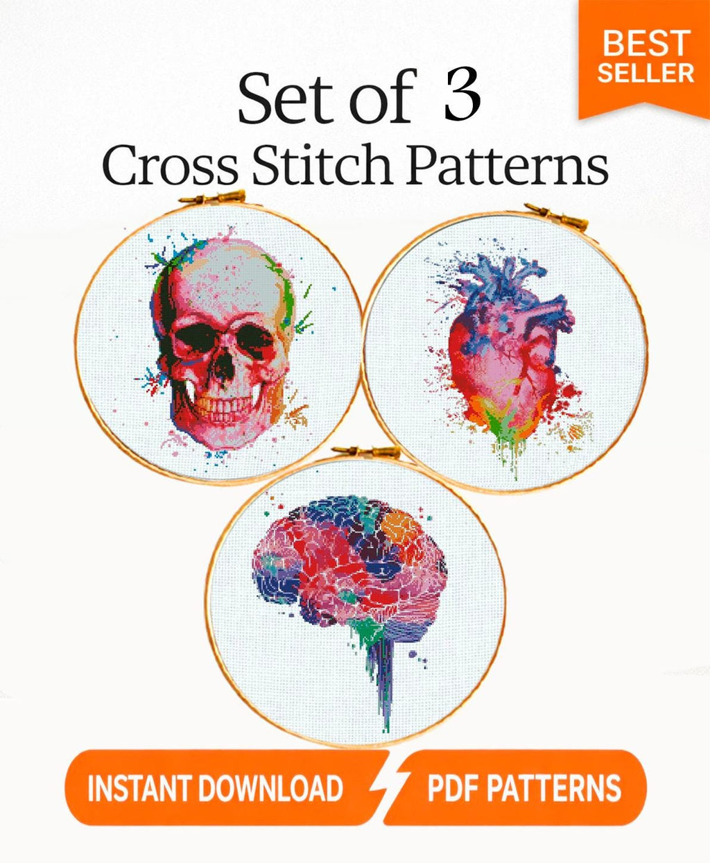 Colorful Anatomy Cross Stitch Pattern Bundle PDF, Skull Heart Brain Embroidery Charts, Rainbow Medical Art Set, Modern Anatomy Download - NuttyHappyHobby