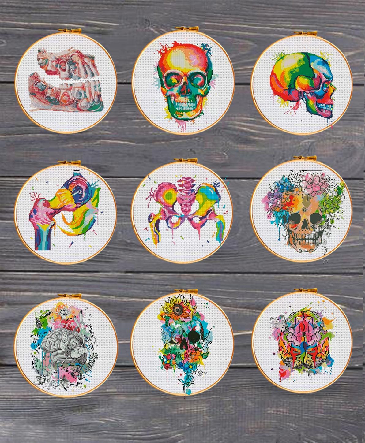 Colorful Anatomy Cross Stitch Patterns Bundle PDF | 34 Designs Lifetime Pack | Skeleton Skull Heart Brain Art | Instant Download Charts - NuttyHappyHobby