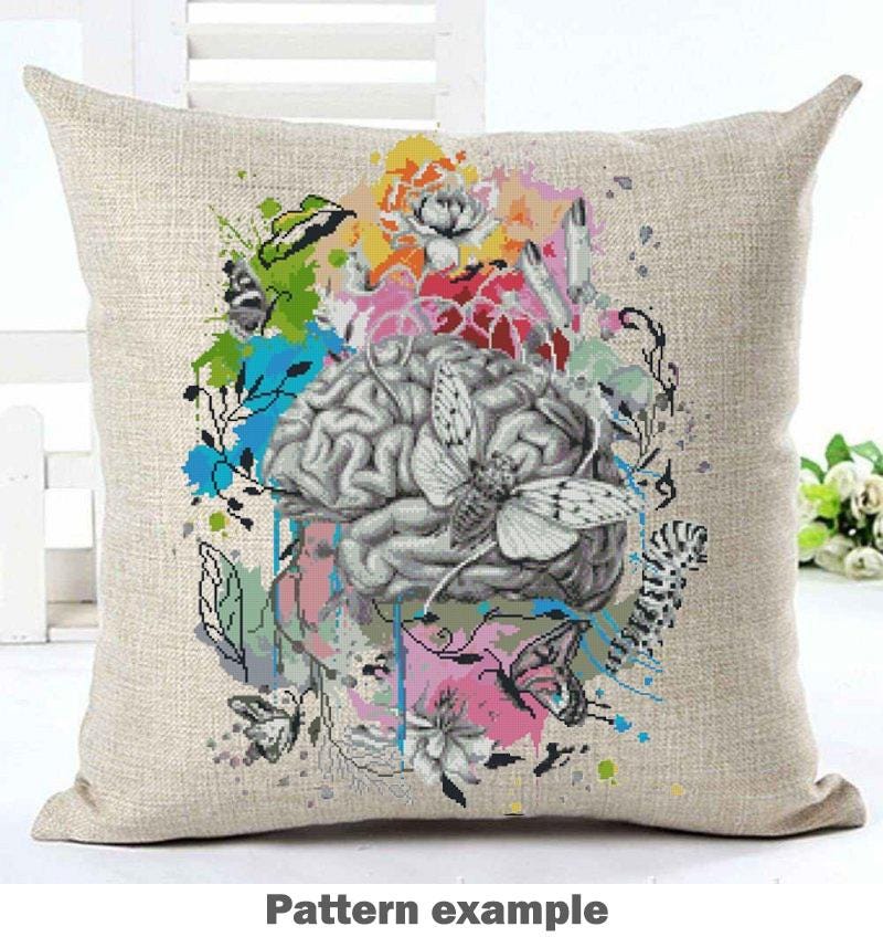 Colorful Brain Anatomy Cross Stitch Pattern PDF, Neuroscience Embroidery Design, Psychology Gift, Medical Wall Art Download - NuttyHappyHobby