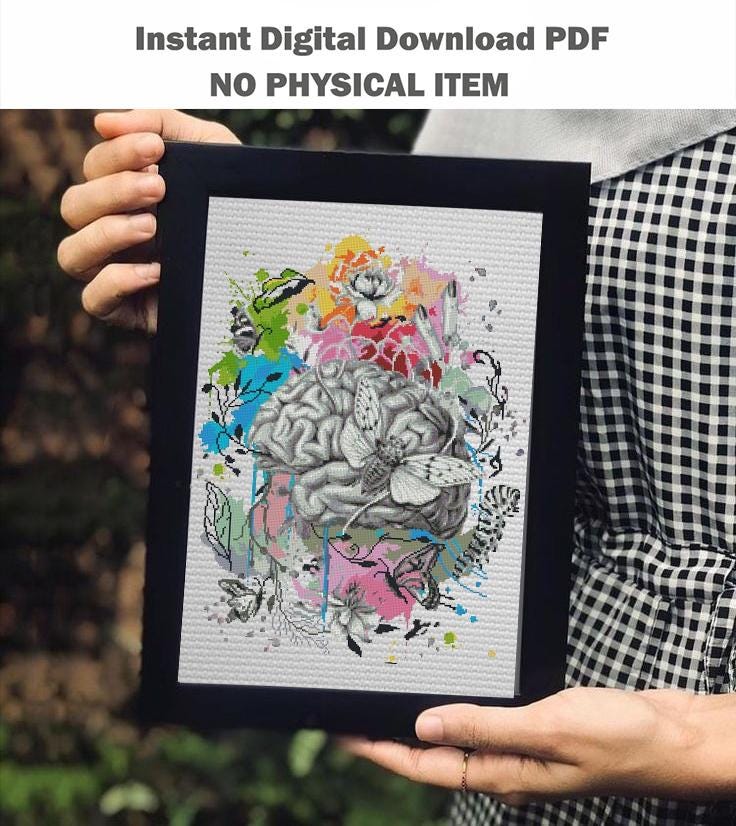Colorful Brain Anatomy Cross Stitch Pattern PDF, Neuroscience Embroidery Design, Psychology Gift, Medical Wall Art Download - NuttyHappyHobby