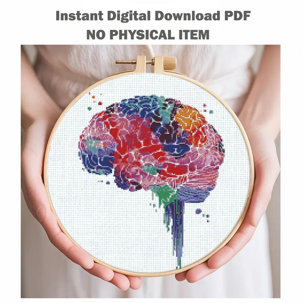 Colorful Brain Cross Stitch Pattern PDF, Human Anatomy Embroidery Design, Watercolor Medical Student Wall Art Instant Download, Keeper - NuttyHappyHobby