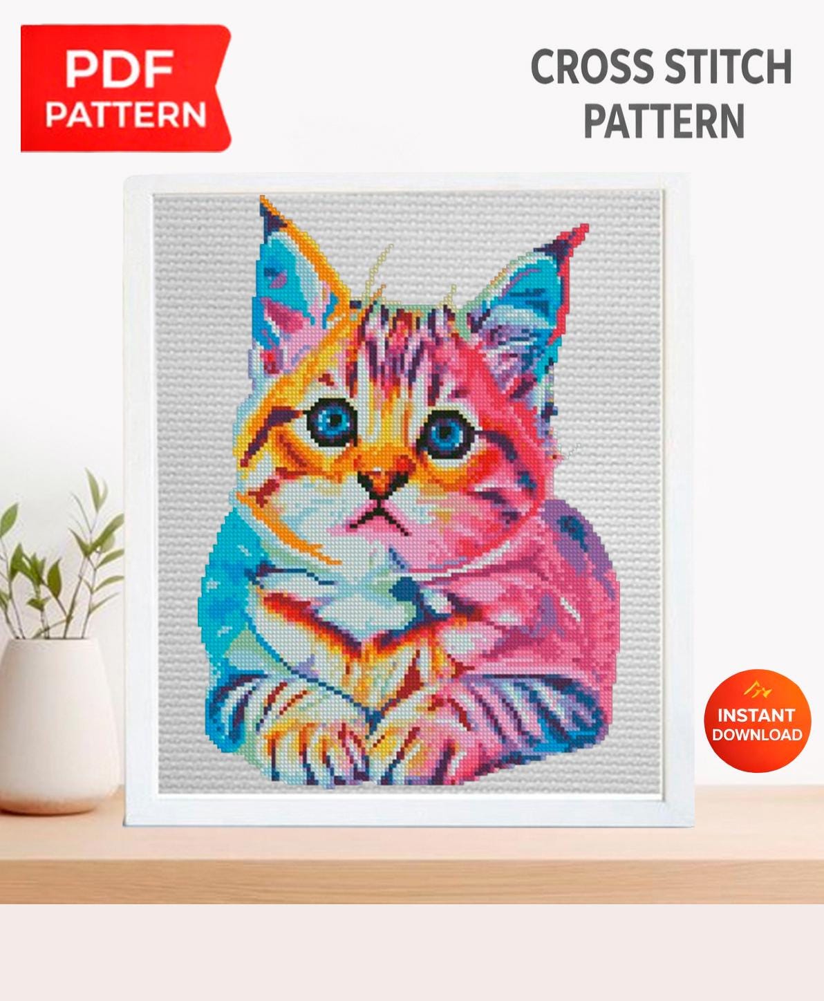 Colorful Cat Cross Stitch Pattern PDF Cute Kitten Embroidery Rainbow Pop Art Animal Modern Wall Decor Home Decor Instant Download Gift Idea - NuttyHappyHobby