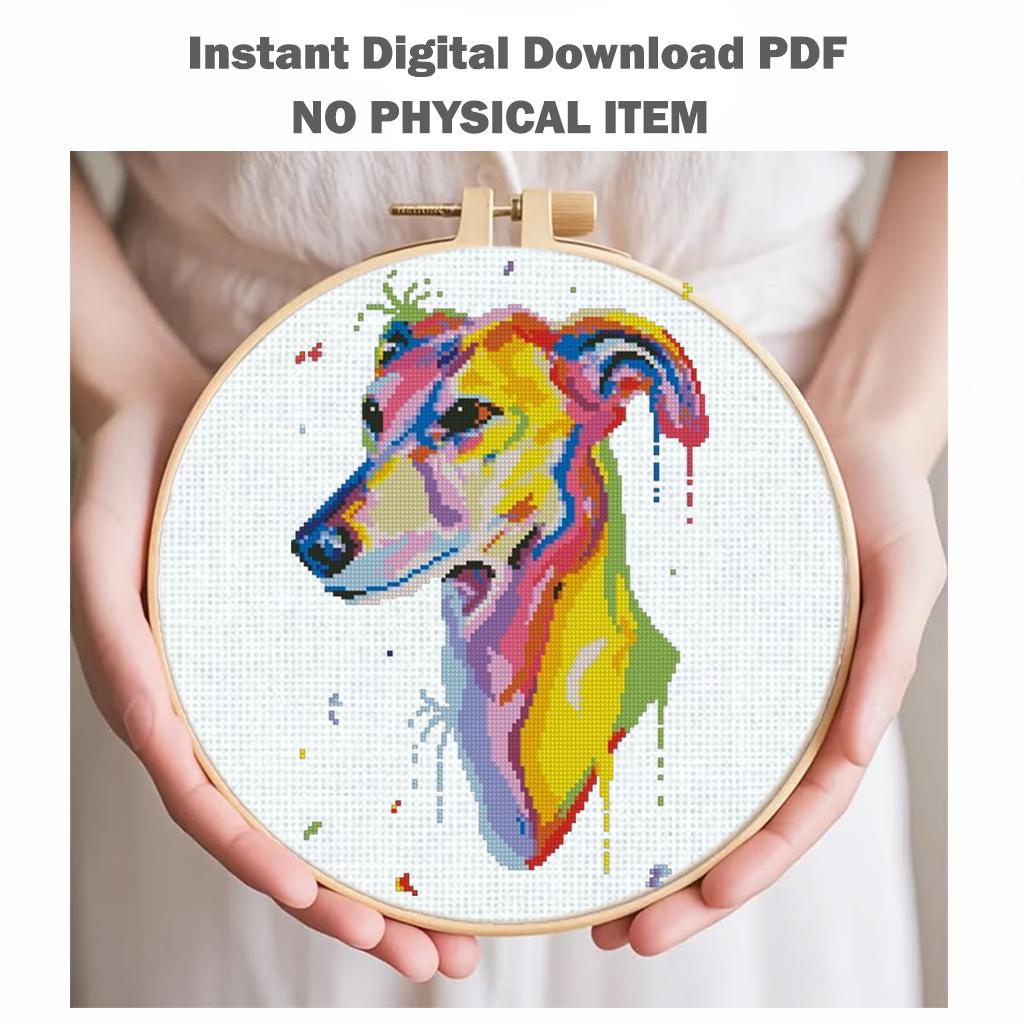 Colorful Dog Cross Stitch Patterns Set of 7, Modern Rainbow Dog Portrait PDF, Pitbull Boxer Basset Aussie Samoyed Greyhound Pattern Bundle - NuttyHappyHobby