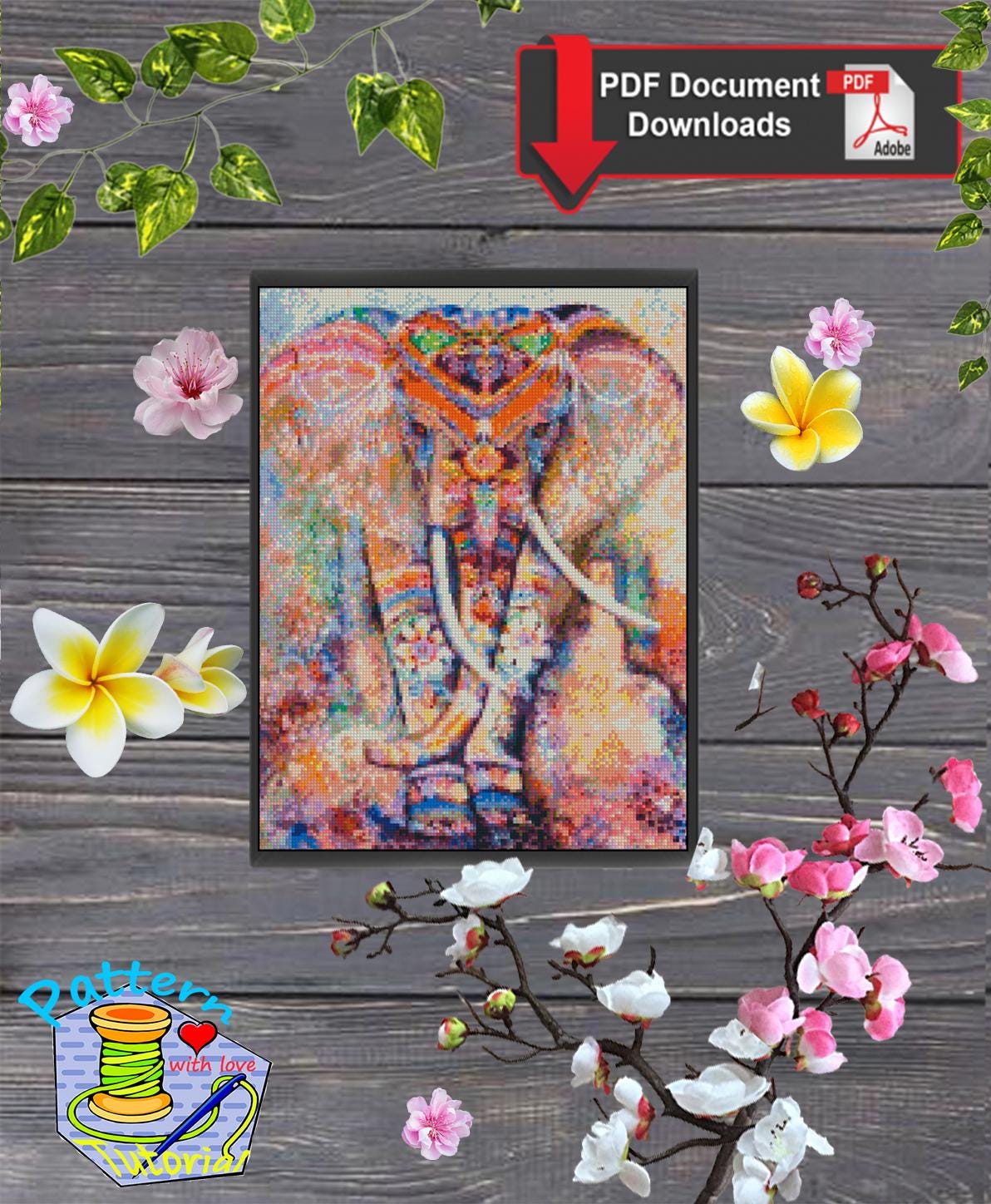 Colorful Elephant Cross Stitch Pattern PDF, Artistic Boho Animal Embroidery Design, Mandala Style Wildlife Wall Art, Instant Download Chart - NuttyHappyHobby