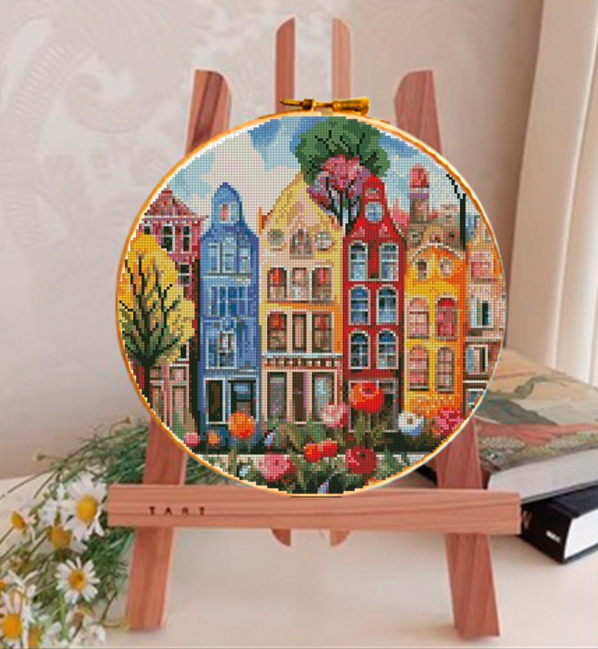 Colorful Houses Cross Stitch Pattern PDF, European City Street Embroidery Design, Town Landscape Cross Stitch Digital Download pdf - NuttyHappyHobby