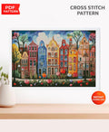 Colorful Houses Cross Stitch Pattern PDF, European City Street Landscape Embroidery Design, Amsterdam Style Cross Stitch Digital Download - NuttyHappyHobby