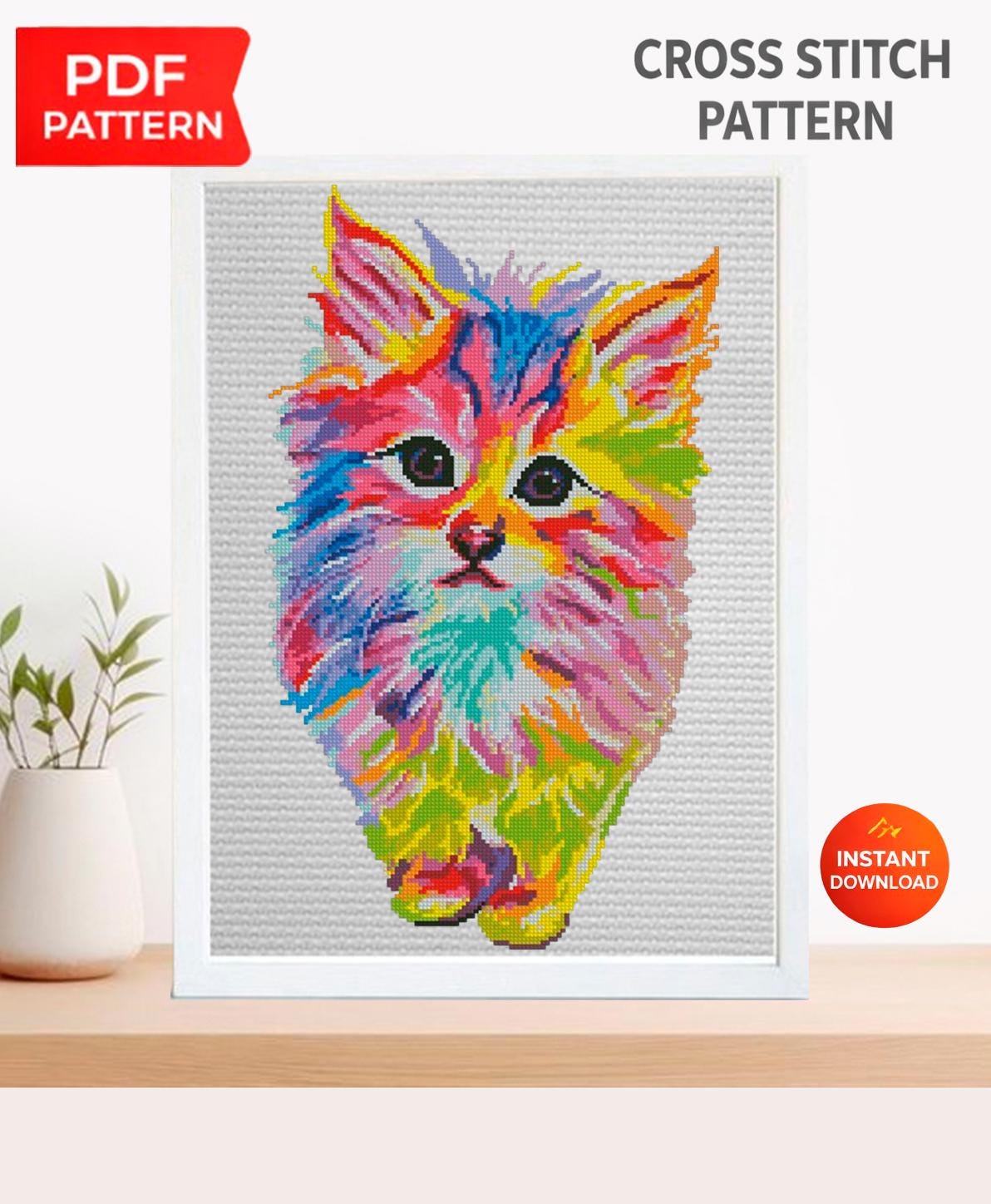 Colorful Kitten Cross Stitch Pattern PDF Fluffy Cat Embroidery Rainbow Cute Animal Modern Wall Decor Home Decor Instant Download Gift Idea - NuttyHappyHobby