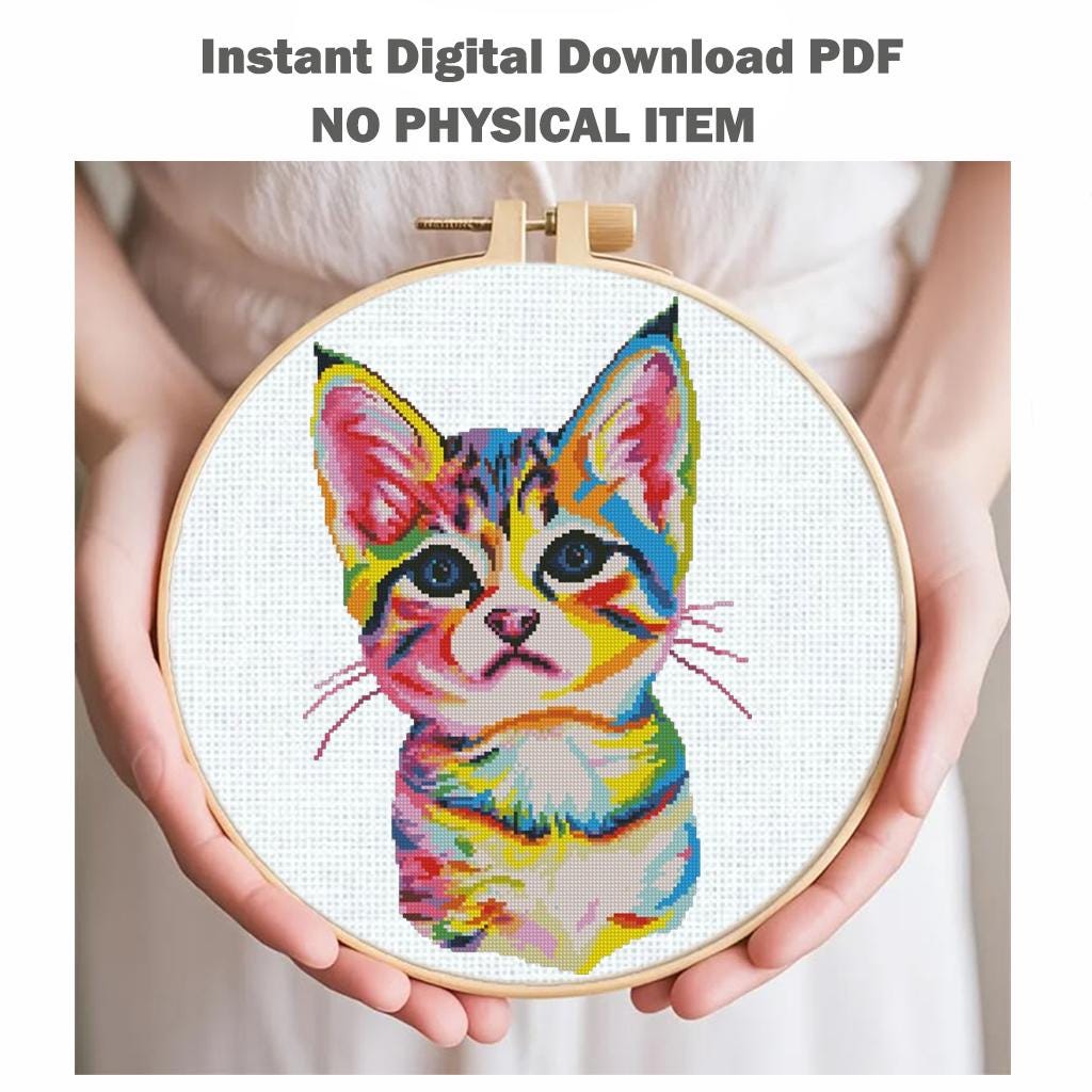 Colorful Kitten Cross Stitch Pattern PDF, Modern Cat Embroidery Design, Rainbow Kitty Counted Cross Stitch, Instant Download Gift - NuttyHappyHobby
