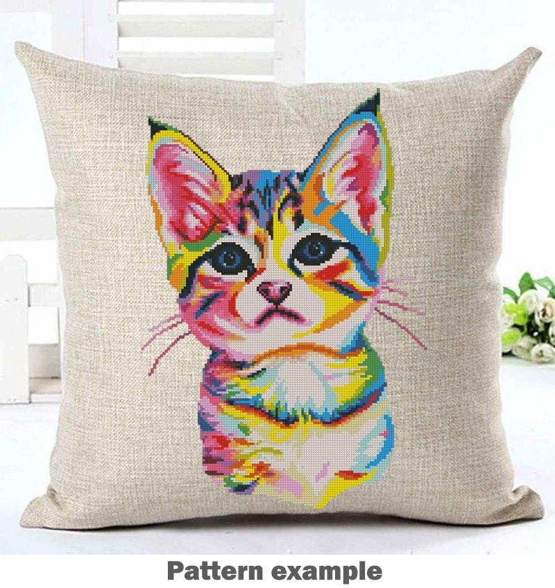 Colorful Kitten Cross Stitch Pattern PDF, Modern Cat Embroidery Design, Rainbow Kitty Counted Cross Stitch, Instant Download Gift - NuttyHappyHobby