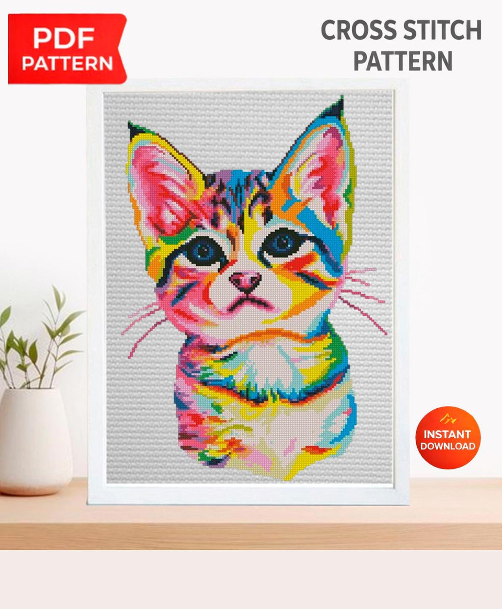 Colorful Kitten Cross Stitch Pattern PDF, Modern Cat Embroidery Design, Rainbow Kitty Counted Cross Stitch, Instant Download Gift - NuttyHappyHobby