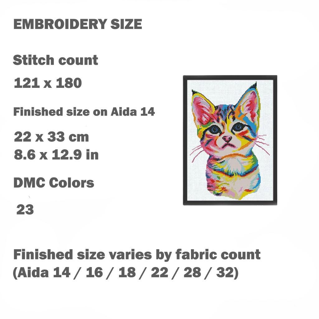 Colorful Kitten Cross Stitch Pattern PDF, Modern Cat Embroidery Design, Rainbow Kitty Counted Cross Stitch, Instant Download Gift - NuttyHappyHobby