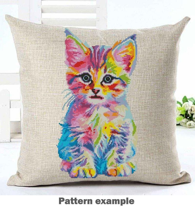 Colorful Kitten Cross Stitch Pattern PDF Rainbow Cat Embroidery Cute Animal Modern Wall Decor Instant Download Gift - NuttyHappyHobby