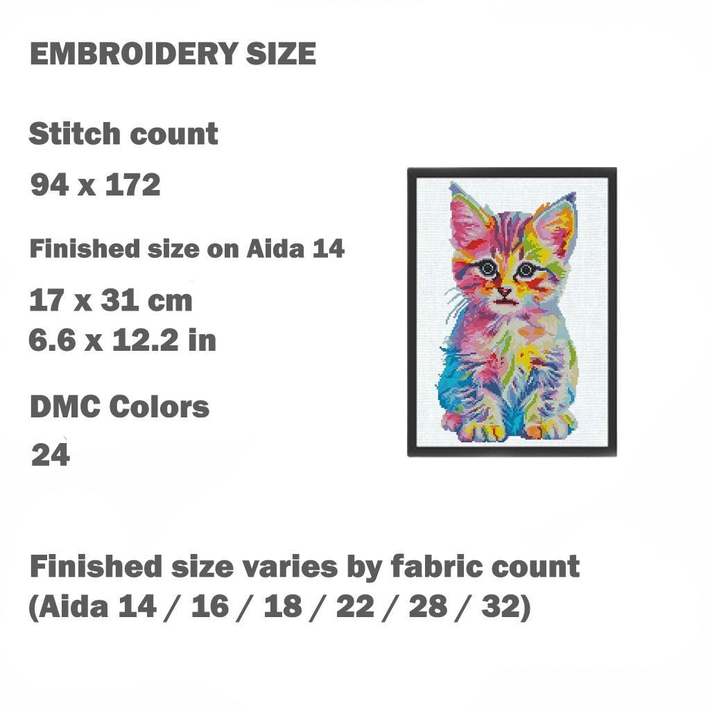 Colorful Kitten Cross Stitch Pattern PDF Rainbow Cat Embroidery Cute Animal Modern Wall Decor Instant Download Gift - NuttyHappyHobby