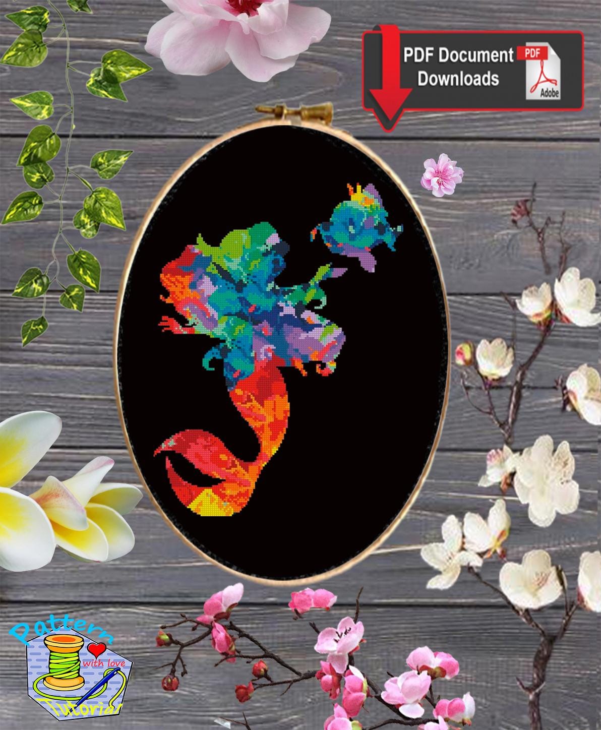 Colorful Mermaid Cross Stitch Pattern PDF, Ocean Princess Embroidery Design, Fantasy Sea Girl Needlework, Modern Mermaid Silhouette Stitch - NuttyHappyHobby