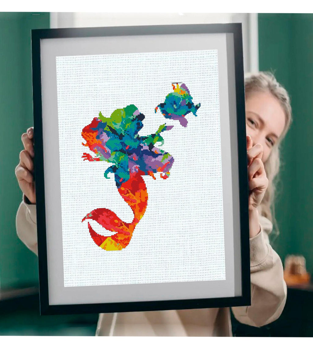Colorful Mermaid Cross Stitch Pattern PDF, Ocean Princess Embroidery Design, Fantasy Sea Girl Needlework, Modern Mermaid Silhouette Stitch - NuttyHappyHobby